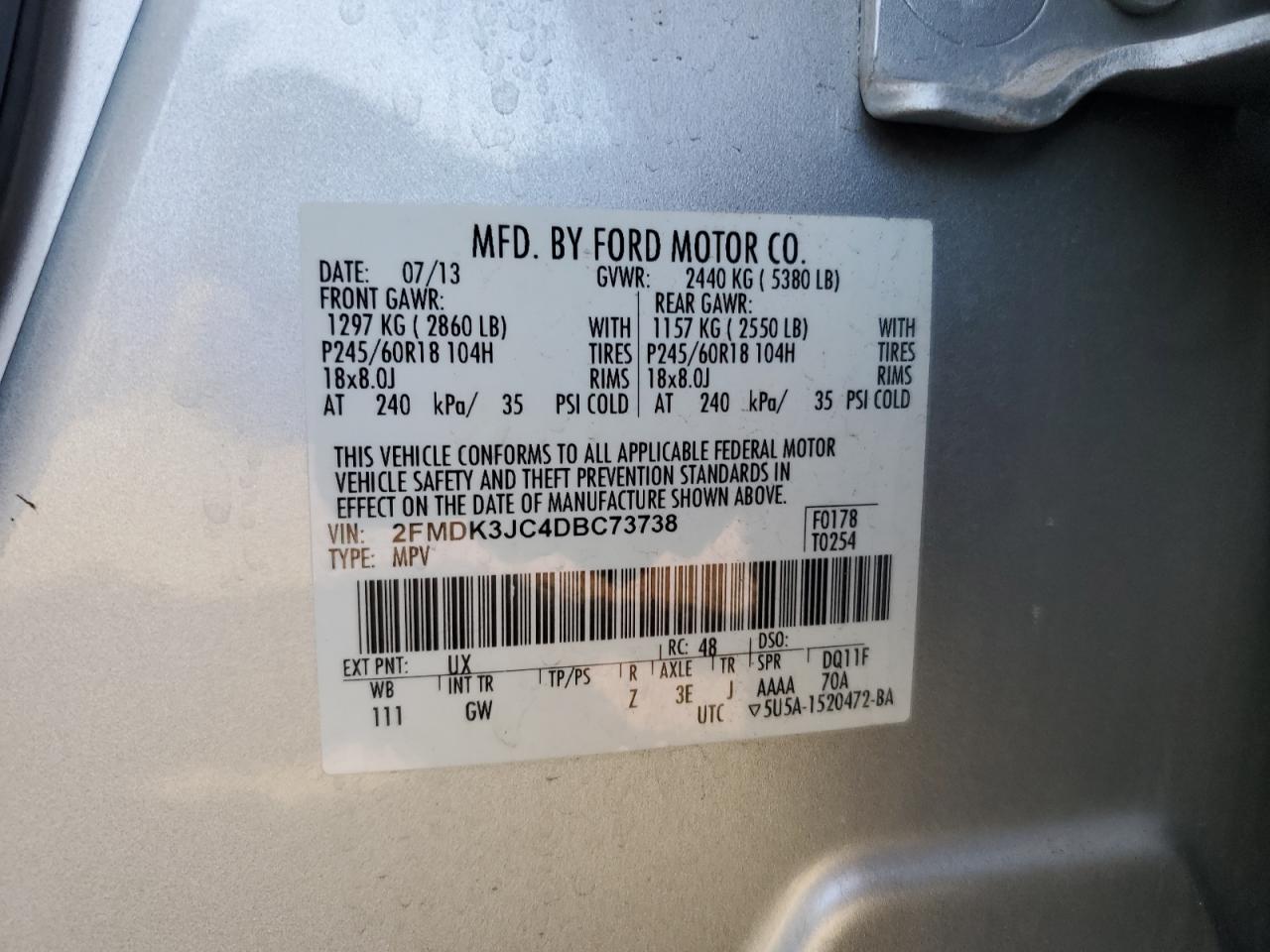 2013 Ford Edge Sel VIN: 2FMDK3JC4DBC73738 Lot: 54168745