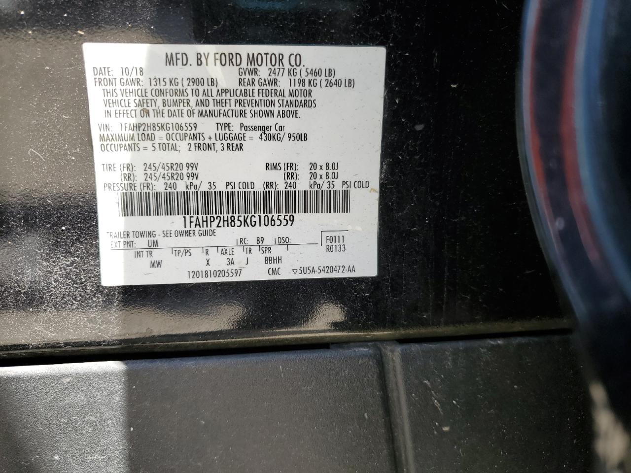 2019 Ford Taurus Sel VIN: 1FAHP2H85KG106559 Lot: 54536145
