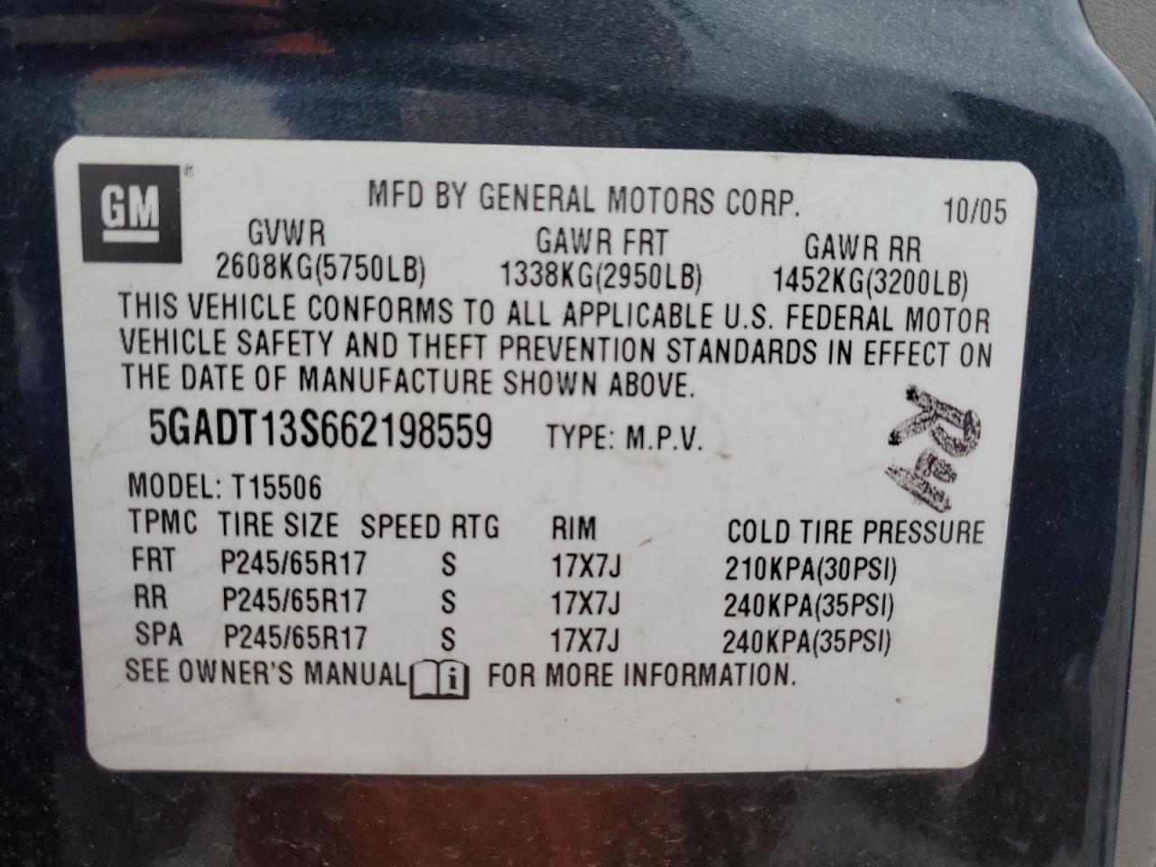 2006 Buick Rainier Cxl VIN: 5GADT13S662198559 Lot: 53913765