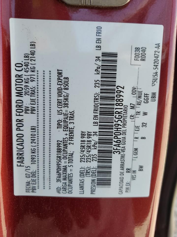 2016 Ford Fusion Se VIN: 3FA6P0H95GR188992 Lot: 53982585