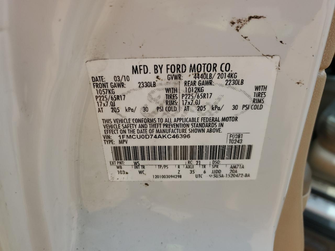 2010 Ford Escape Xlt VIN: 1FMCU0D74AKC46396 Lot: 53873805