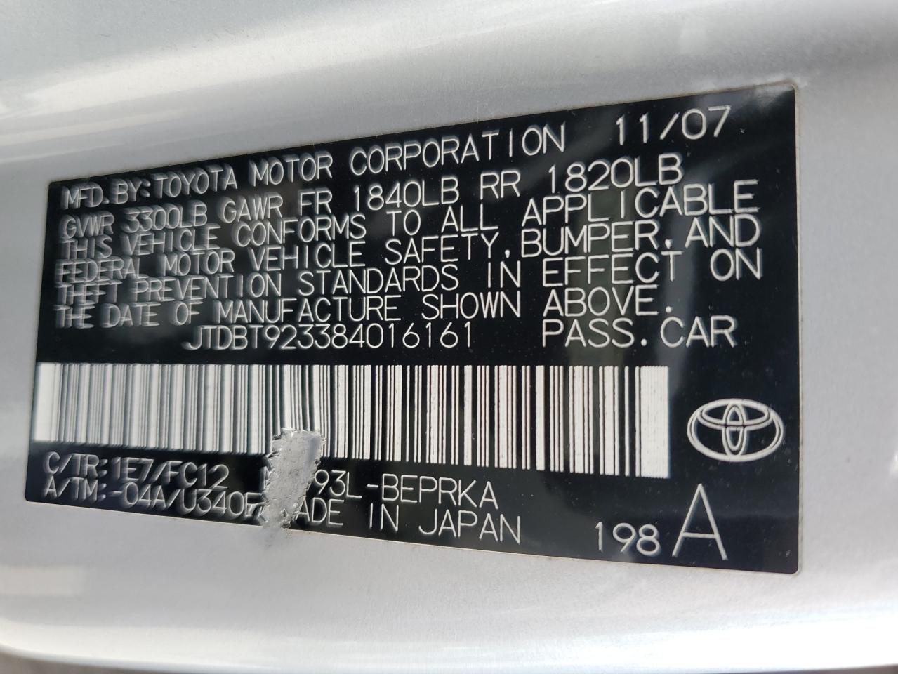 2008 Toyota Yaris VIN: JTDBT923384016161 Lot: 52302815