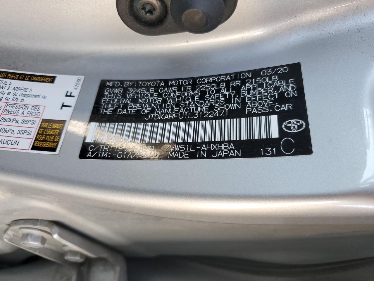 2020 Toyota Prius L VIN: JTDKARFU1L3122471 Lot: 54164935