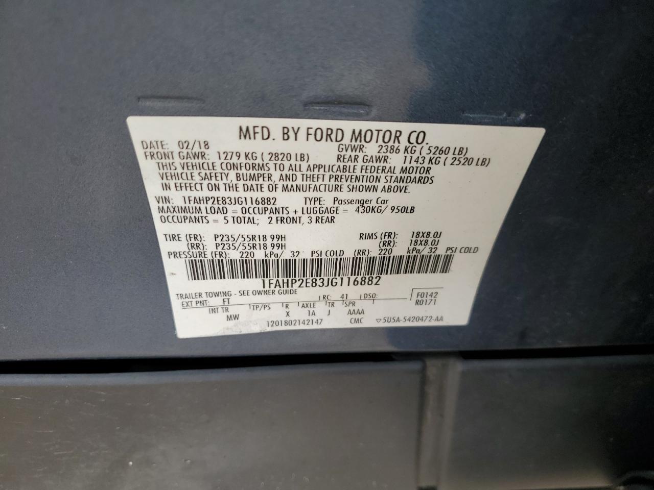 2018 Ford Taurus Sel VIN: 1FAHP2E83JG116882 Lot: 53498155