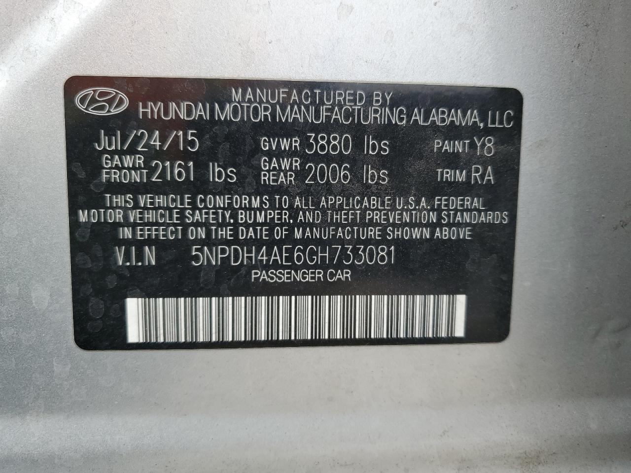 5NPDH4AE6GH733081 2016 Hyundai Elantra Se