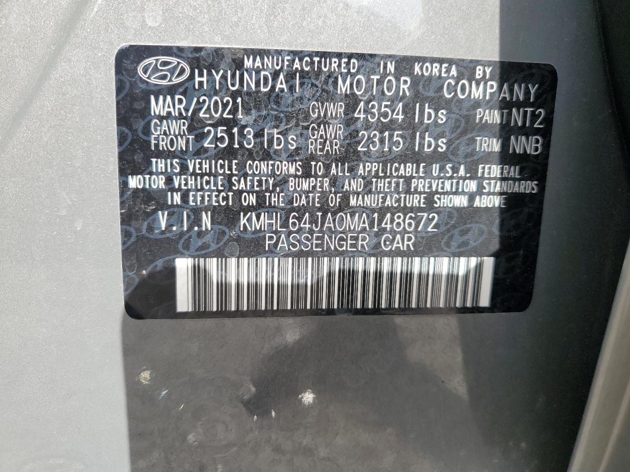 2021 Hyundai Sonata Sel VIN: KMHL64JA0MA148672 Lot: 54407245