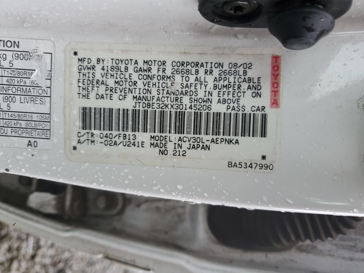 2003 Toyota Camry Le VIN: JTDBE32KX30145206 Lot: 52165395