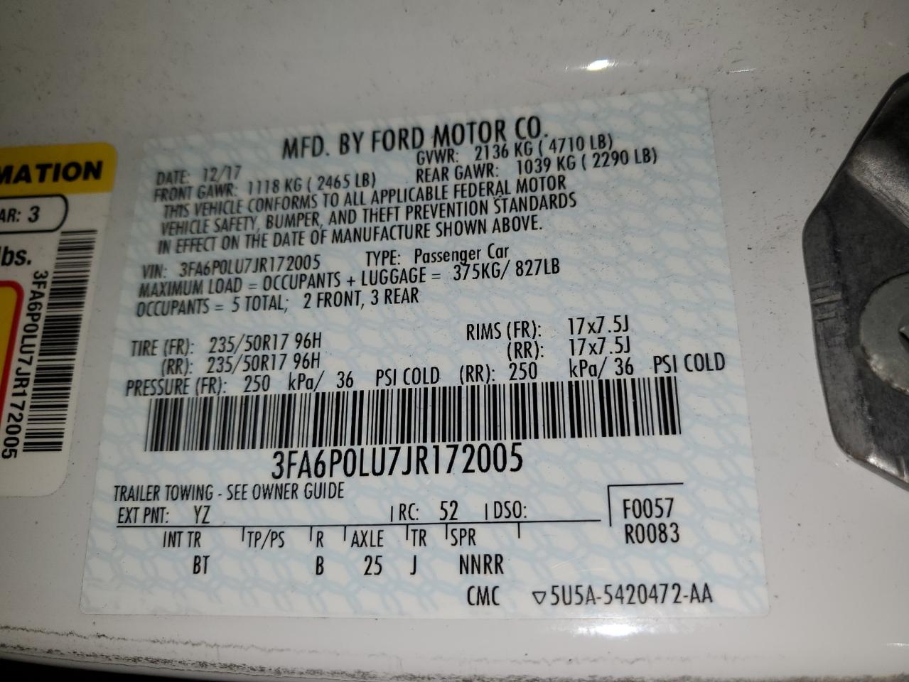 2018 Ford Fusion Se Hybrid VIN: 3FA6P0LU7JR172005 Lot: 54026535