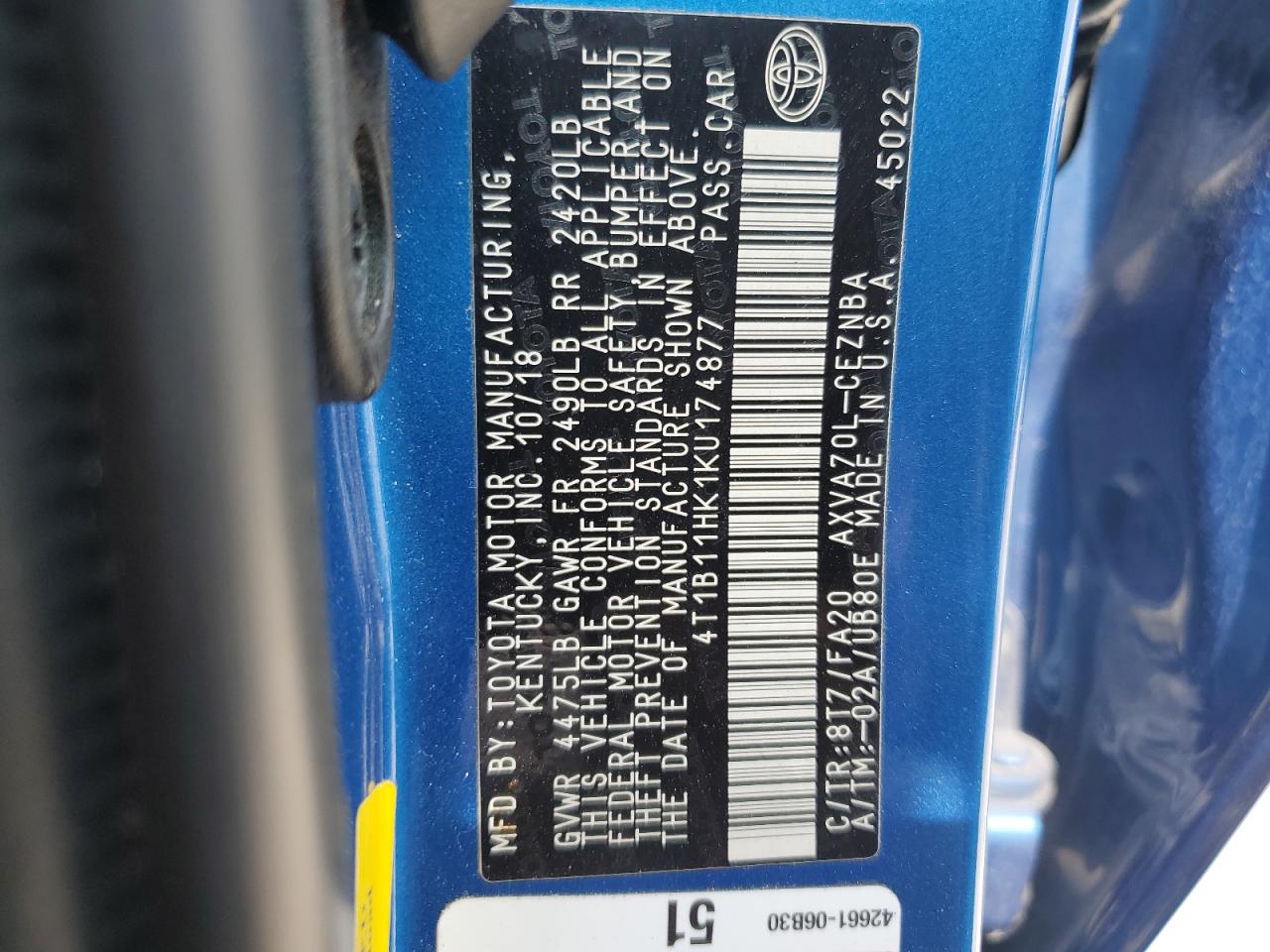 2019 Toyota Camry L VIN: 4T1B11HK1KU174877 Lot: 54854275