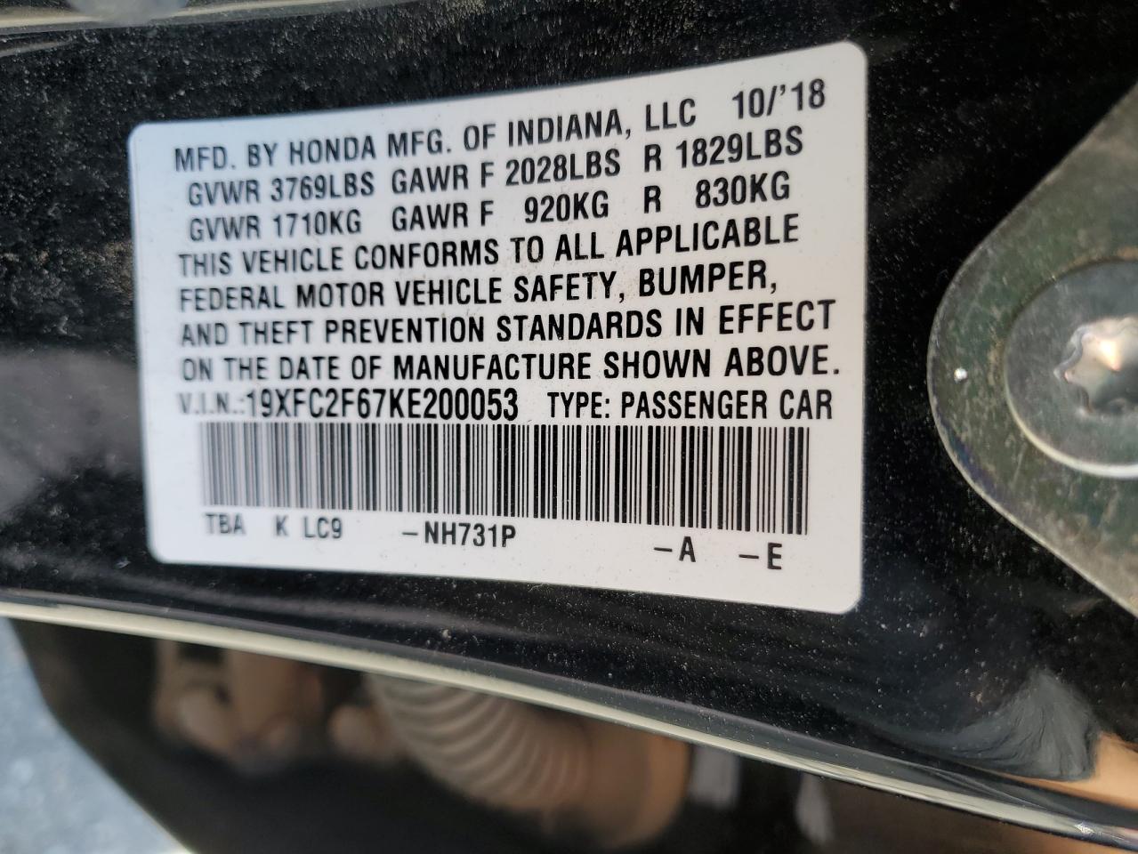 2019 Honda Civic Lx VIN: 19XFC2F67KE200053 Lot: 54603875
