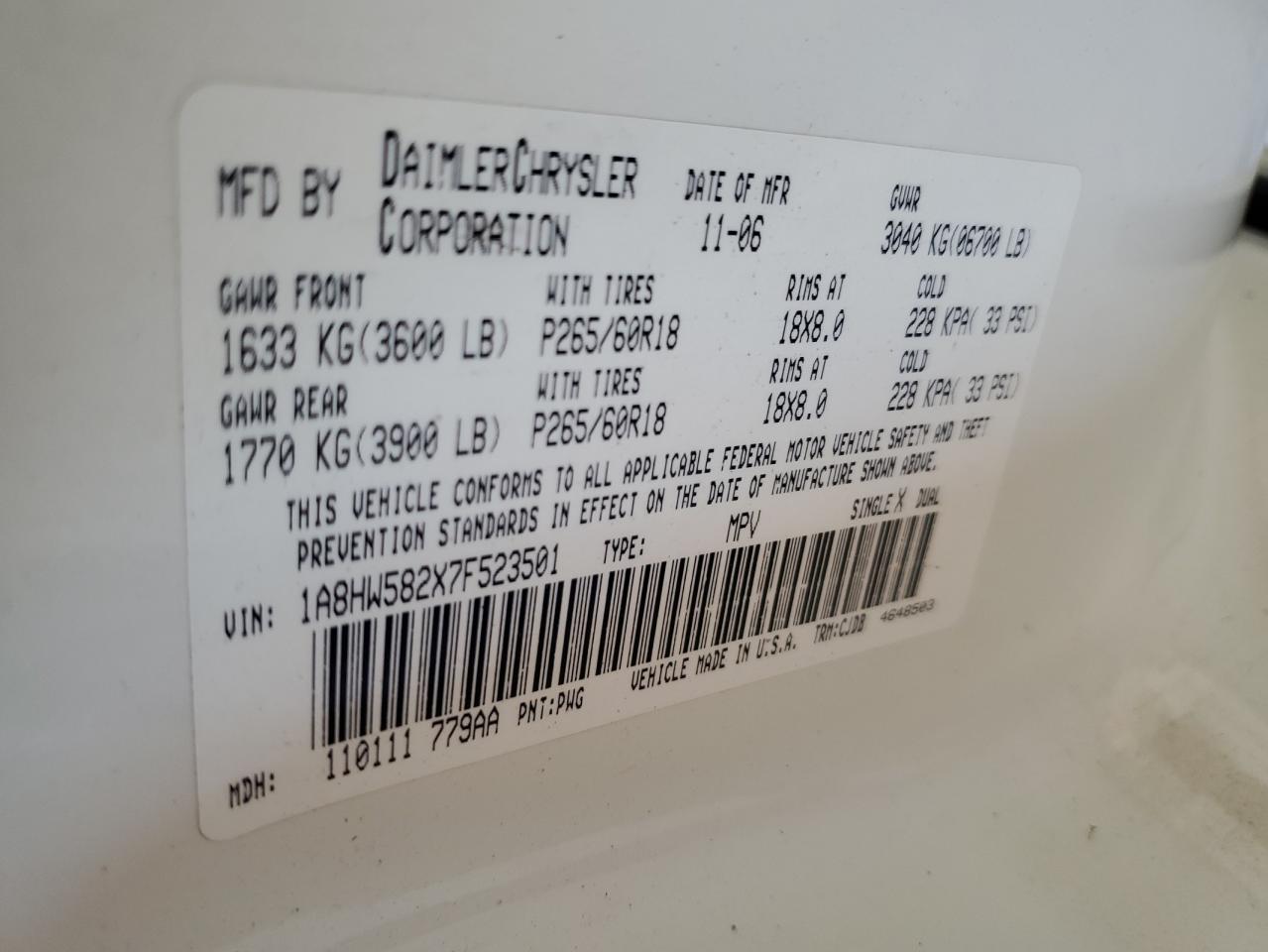 2007 Chrysler Aspen Limited VIN: 1A8HW582X7F523501 Lot: 54891835