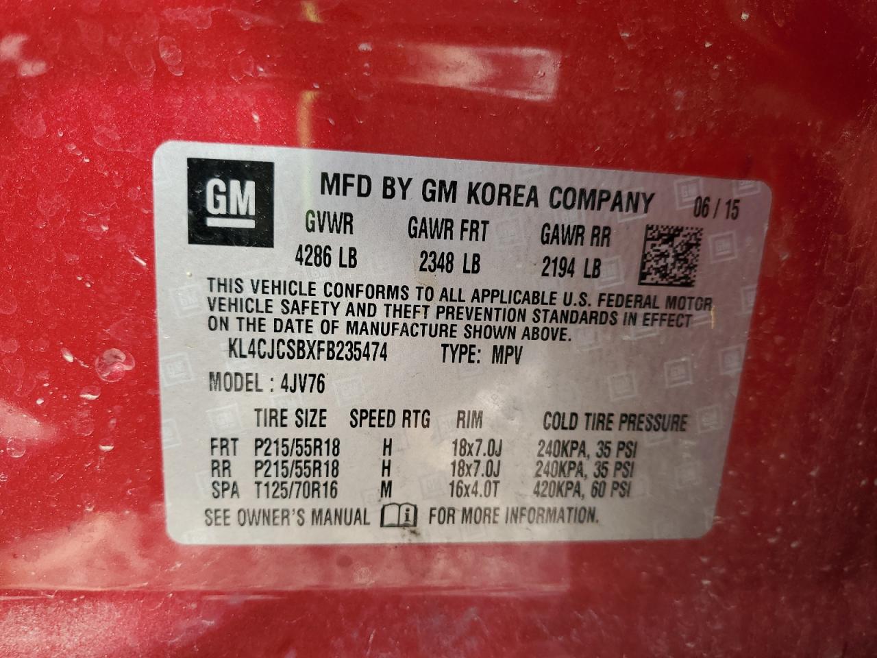 2015 Buick Encore VIN: KL4CJCSBXFB235474 Lot: 52356745