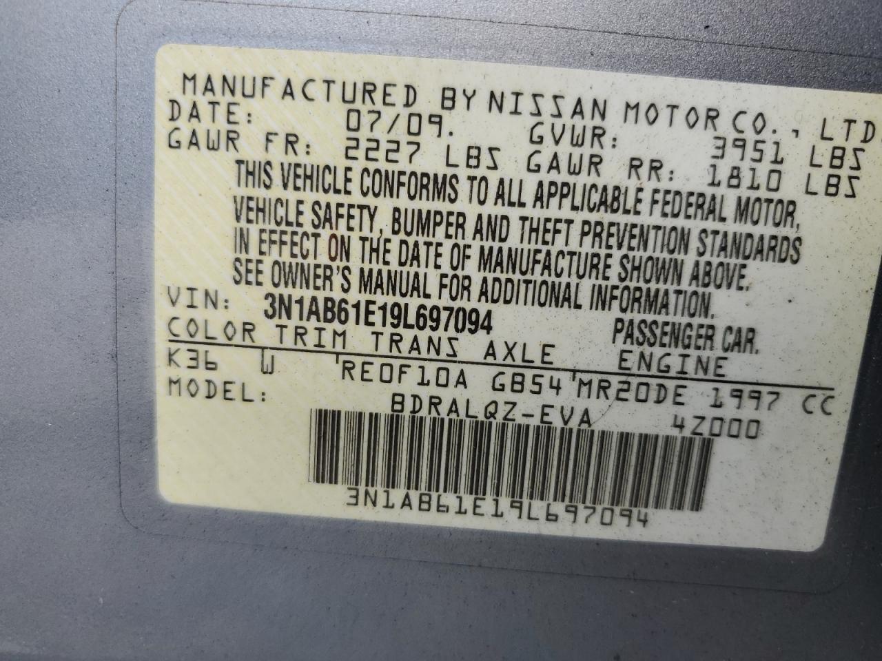 2009 Nissan Sentra 2.0 VIN: 3N1AB61E19L697094 Lot: 55141915