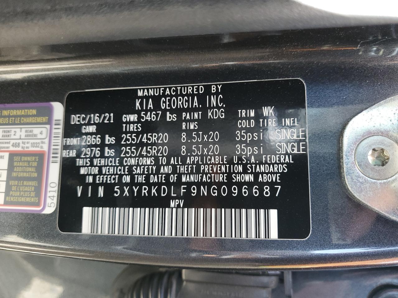 2022 Kia Sorento Sx VIN: 5XYRKDLF9NG096687 Lot: 54301415