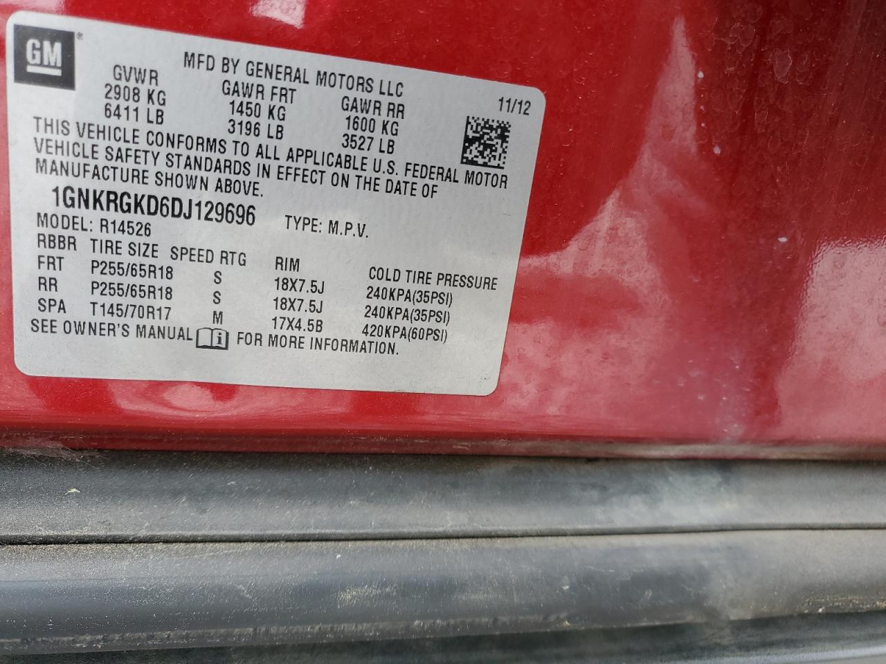 1GNKRGKD6DJ129696 2013 Chevrolet Traverse Lt