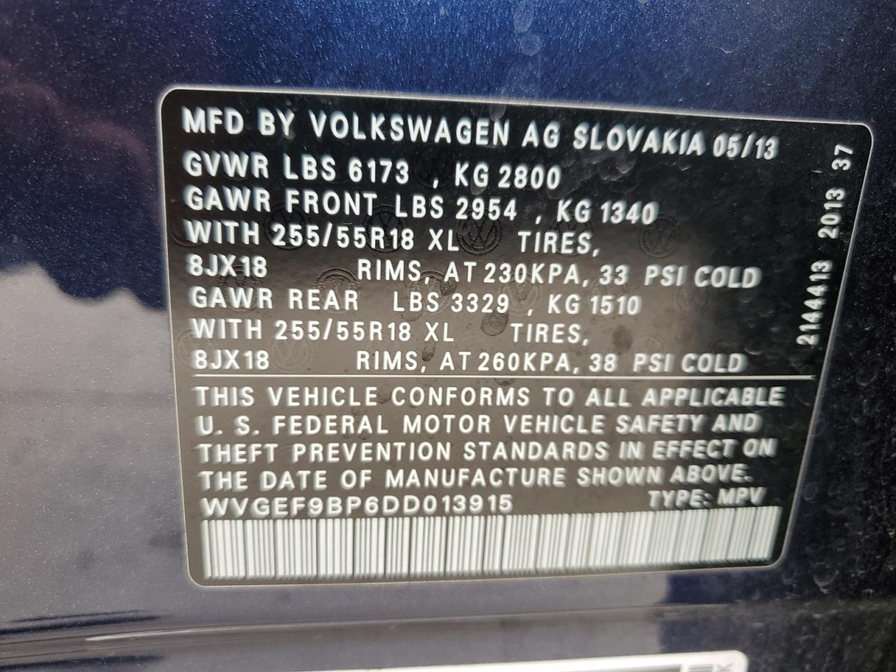 2013 Volkswagen Touareg V6 VIN: WVGEF9BP6DD013915 Lot: 55024485