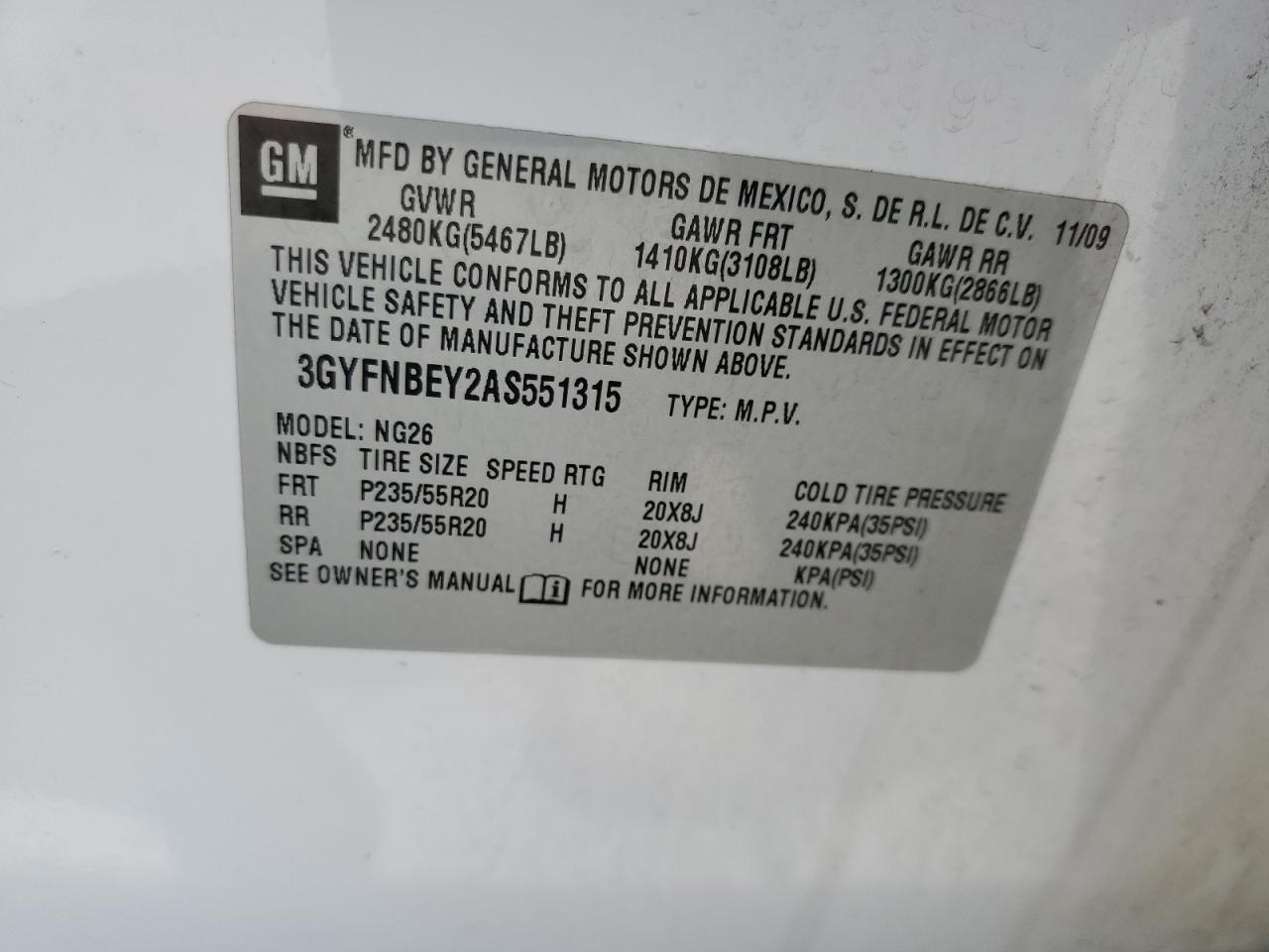 2010 Cadillac Srx Performance Collection VIN: 3GYFNBEY2AS551315 Lot: 55170255