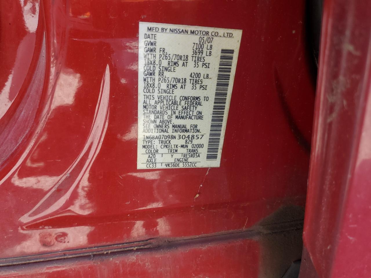 2008 Nissan Titan Xe VIN: 1N6BA07D98N304857 Lot: 54984585