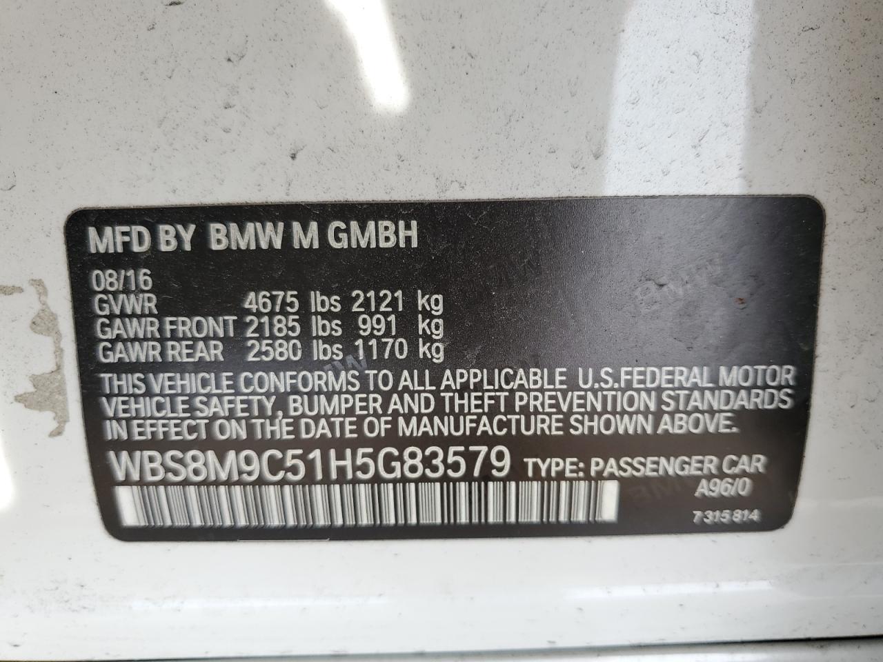 2017 BMW M3 VIN: WBS8M9C51H5G83579 Lot: 54537025