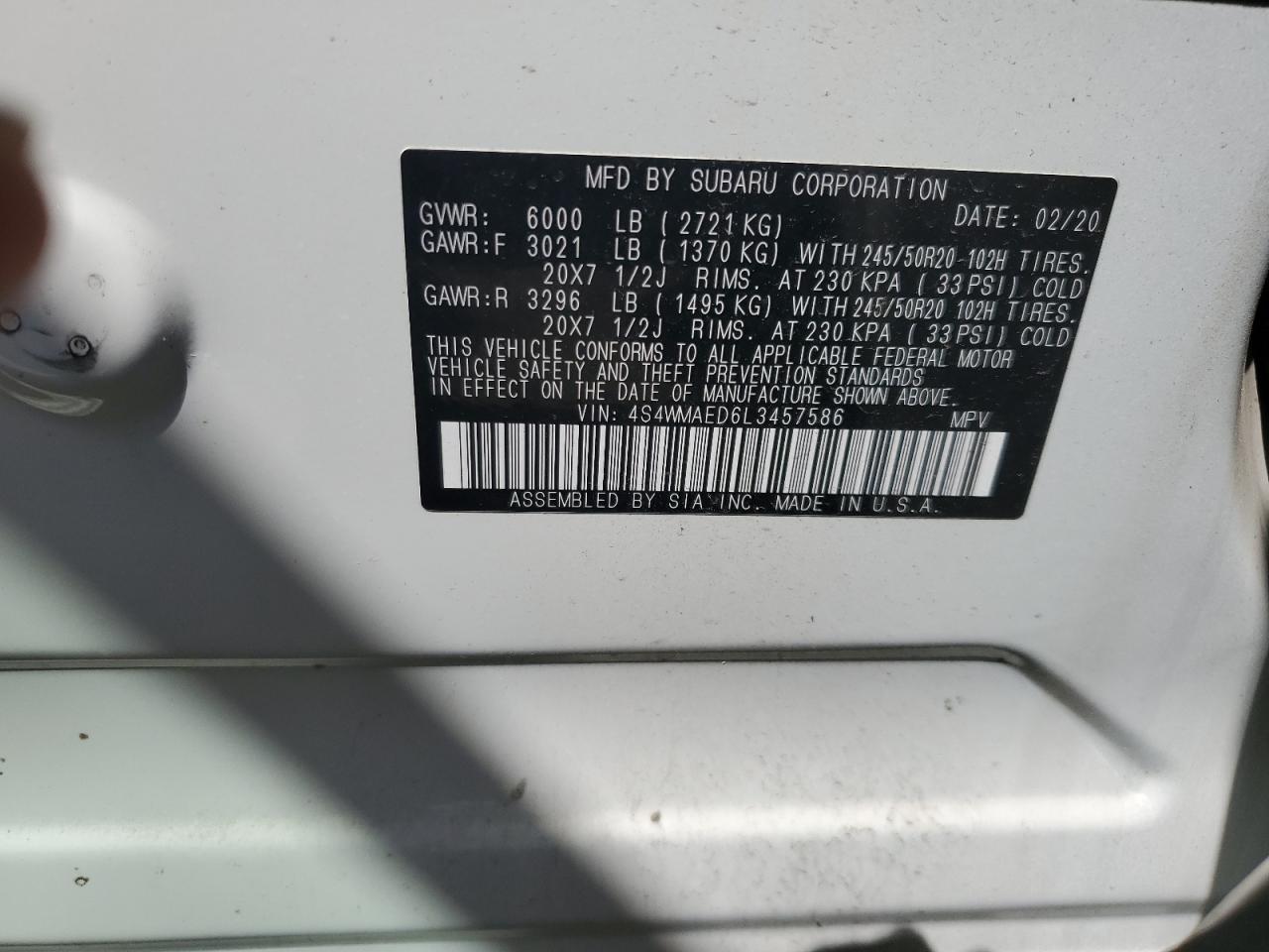 2020 Subaru Ascent Premium VIN: 4S4WMAED6L3457586 Lot: 52188085
