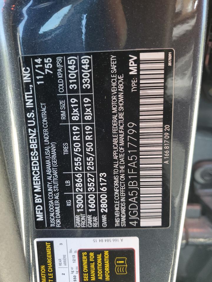 2015 Mercedes-Benz Ml 350 VIN: 4JGDA5JB1FA517799 Lot: 53162065