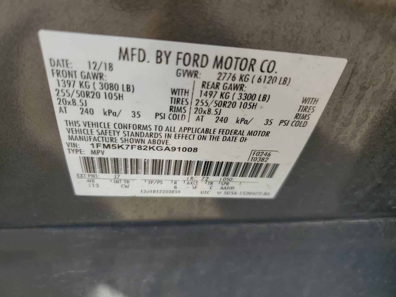 2019 Ford Explorer Limited VIN: 1FM5K7F82KGA91008 Lot: 53059355