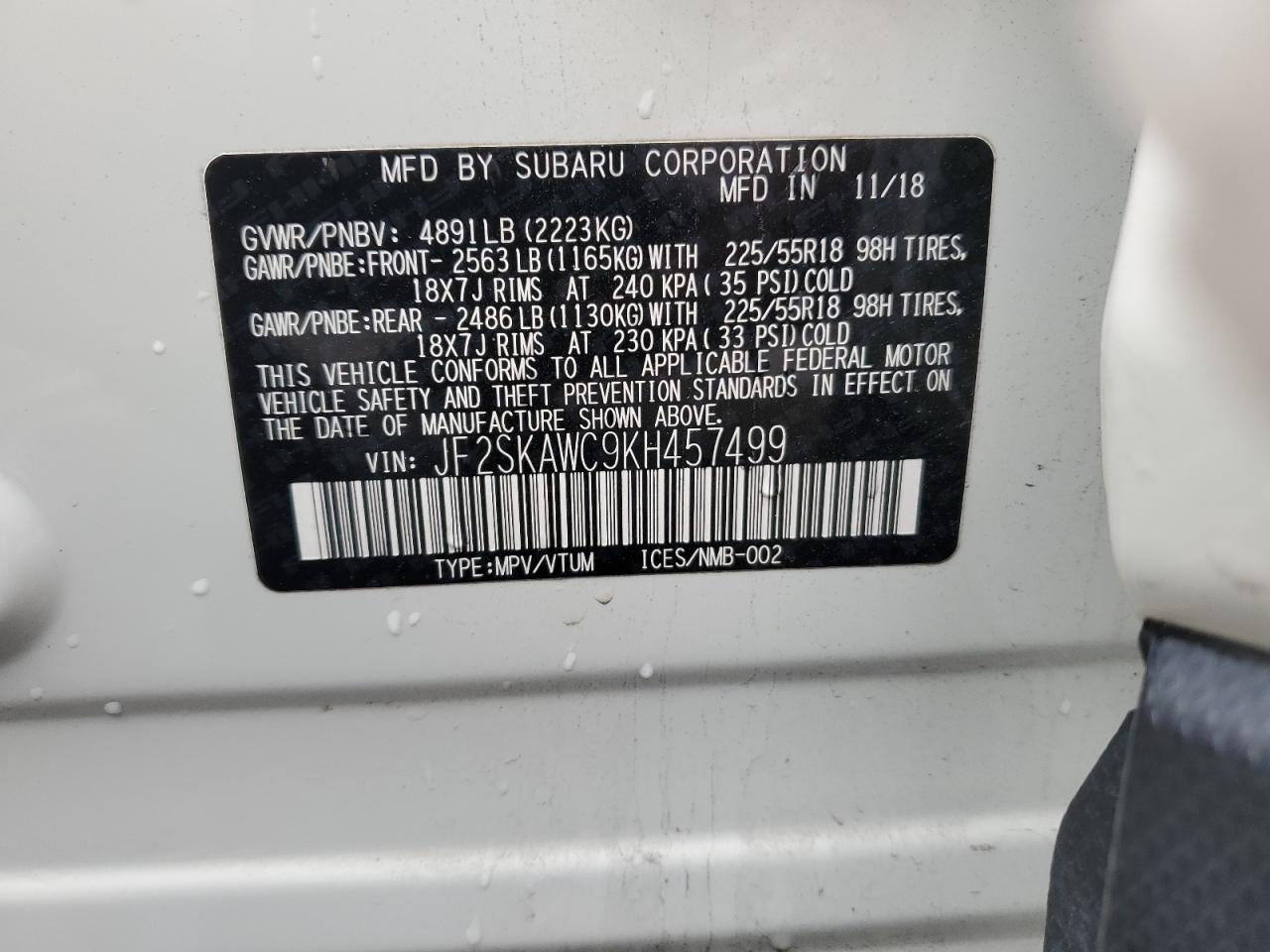 2019 Subaru Forester Touring VIN: JF2SKAWC9KH457499 Lot: 54213455