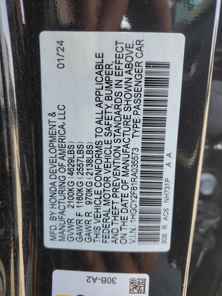 2024 Honda Accord Touring Hybrid VIN: 1HGCY2F81RA035573 Lot: 53849775