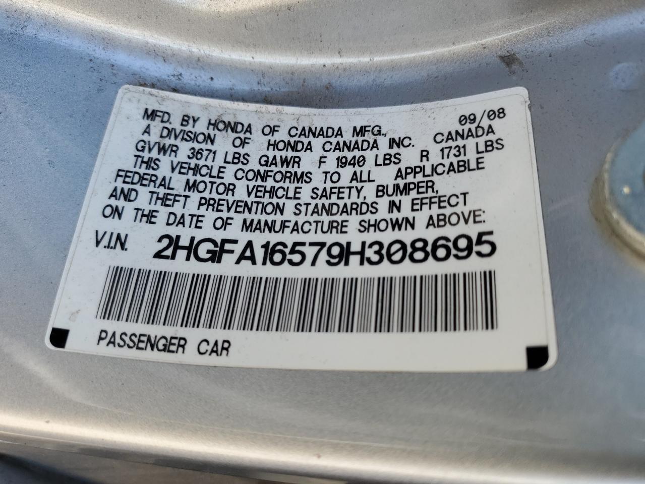 2009 Honda Civic Lx VIN: 2HGFA16579H308695 Lot: 55098235