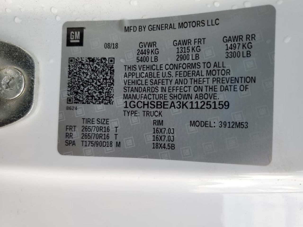 2019 Chevrolet Colorado VIN: 1GCHSBEA3K1125159 Lot: 53294155