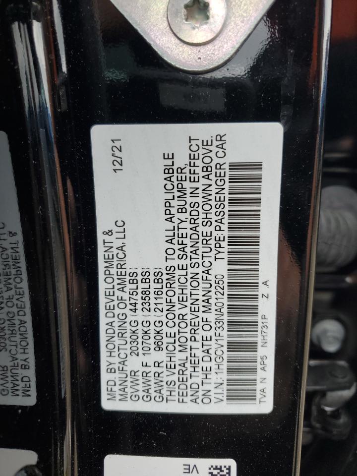 2022 Honda Accord Sport VIN: 1HGCV1F33NA012250 Lot: 51416115