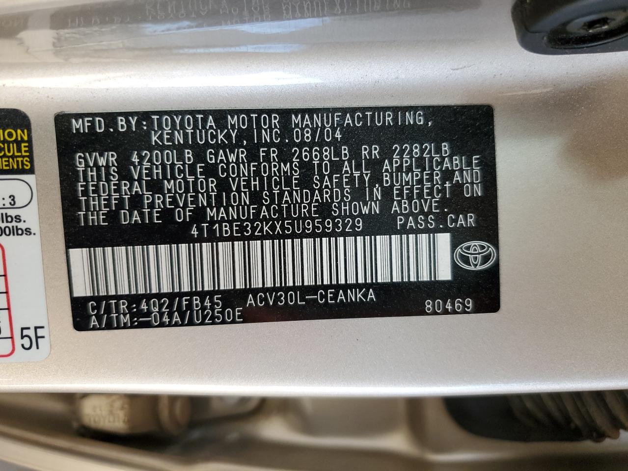 2005 Toyota Camry Le VIN: 4T1BE32KX5U959329 Lot: 51648925