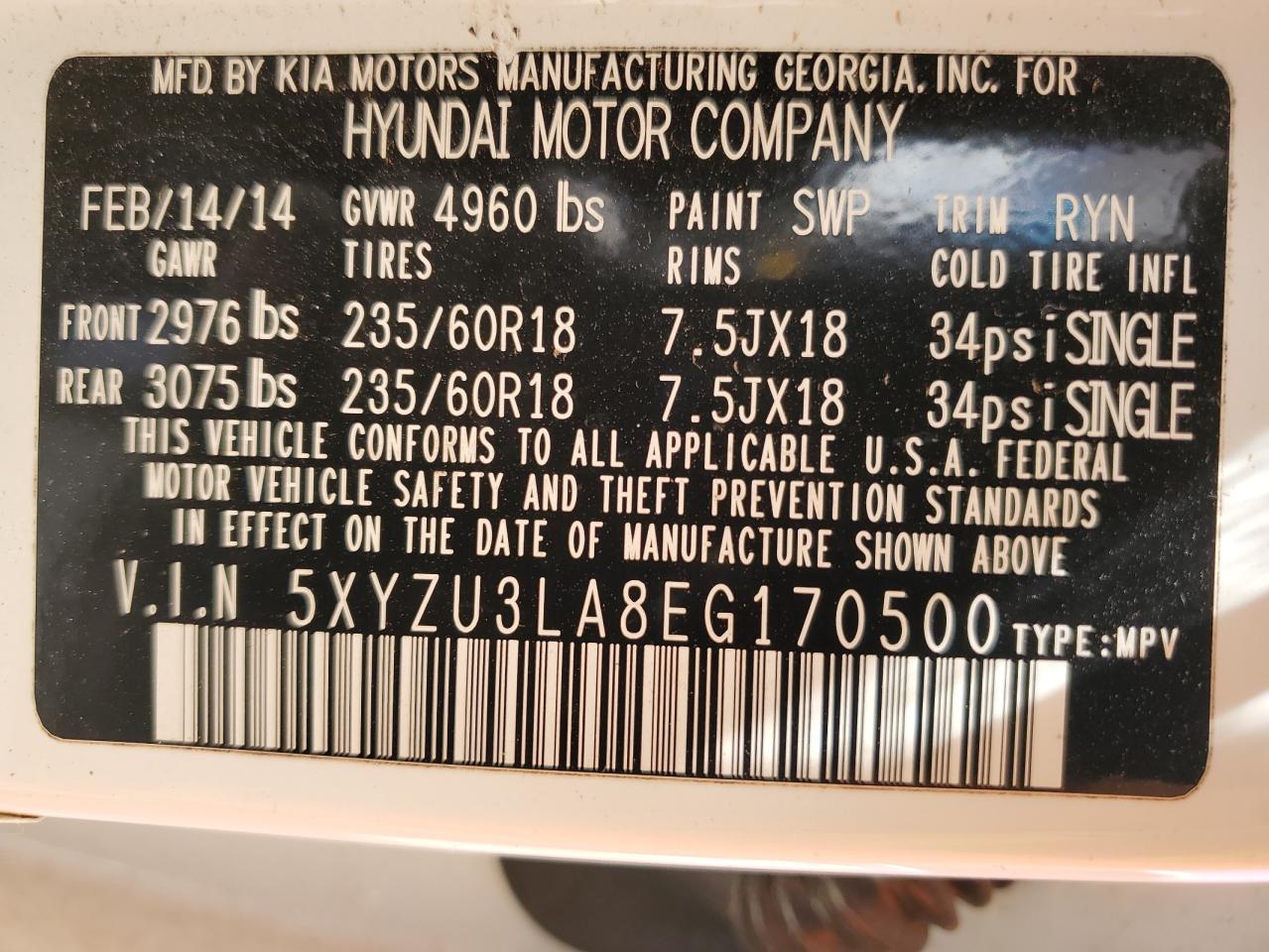 2014 Hyundai Santa Fe Sport VIN: 5XYZU3LA8EG170500 Lot: 80889824