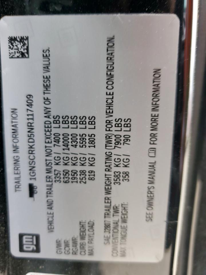 2022 Chevrolet Tahoe C1500 Rst VIN: 1GNSCRKD5NR117409 Lot: 53861925