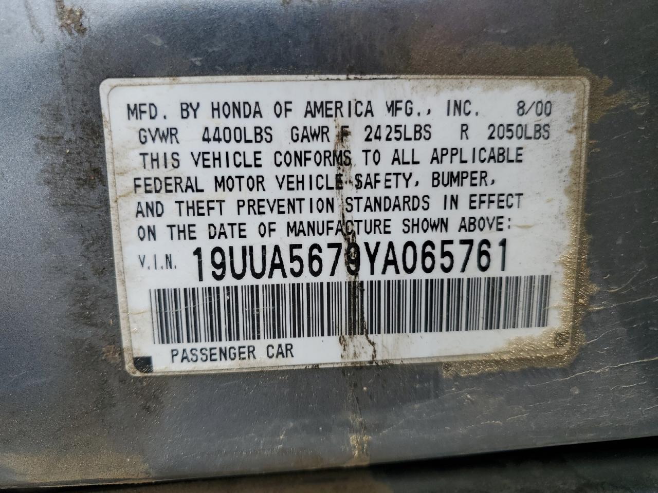 2000 Acura 3.2Tl VIN: 19UUA5679YA065761 Lot: 54401965