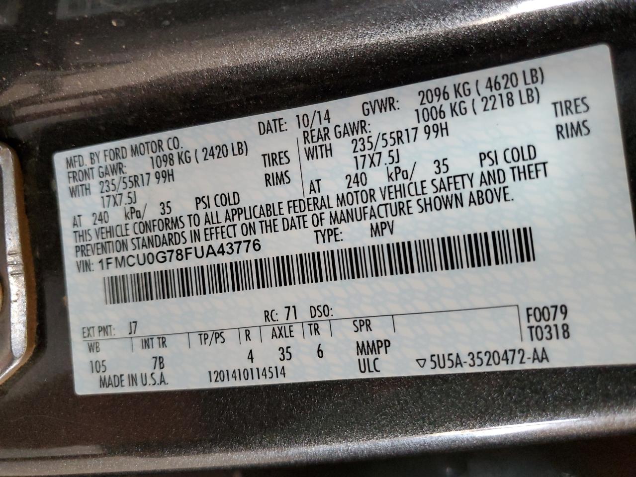 2015 Ford Escape Se VIN: 1FMCU0G78FUA43776 Lot: 54942625