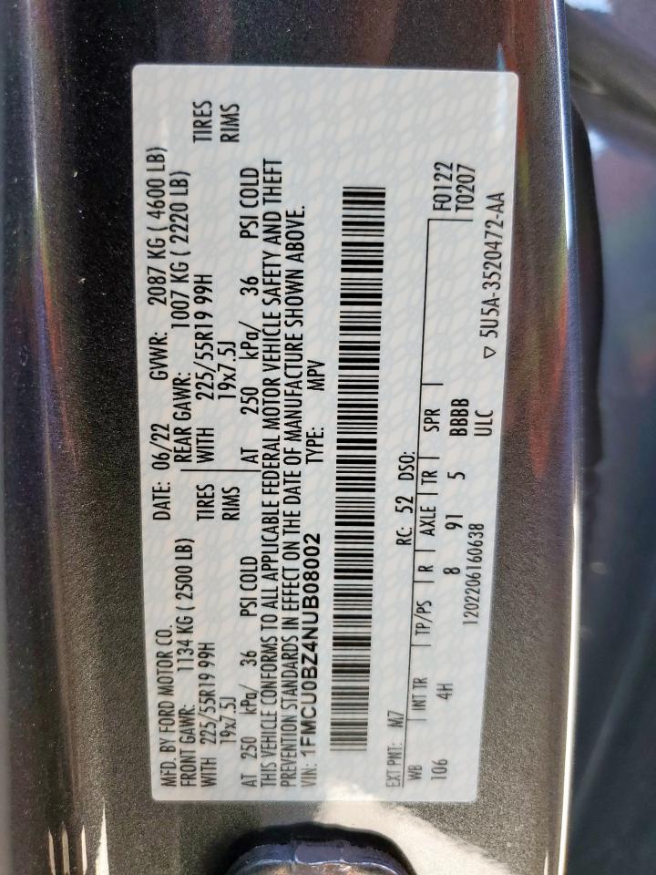 2022 Ford Escape Se VIN: 1FMCU0BZ4NUB08002 Lot: 53703775