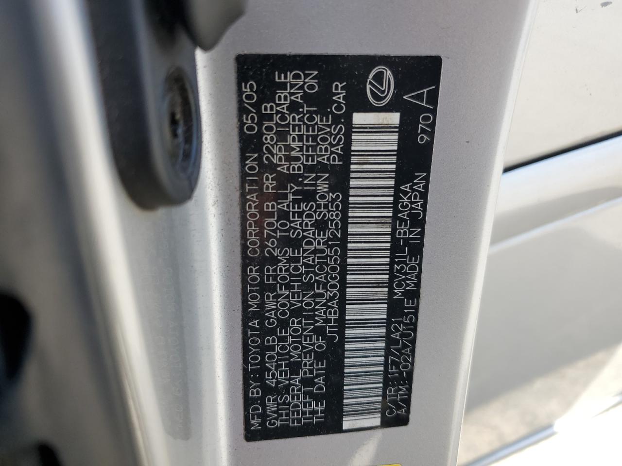 2005 Lexus Es 330 VIN: JTHBA30G055125853 Lot: 54058765