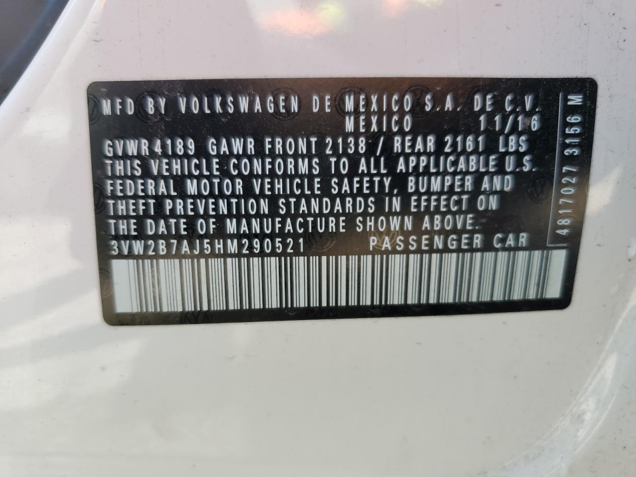 2017 Volkswagen Jetta S VIN: 3VW2B7AJ5HM290521 Lot: 50868075