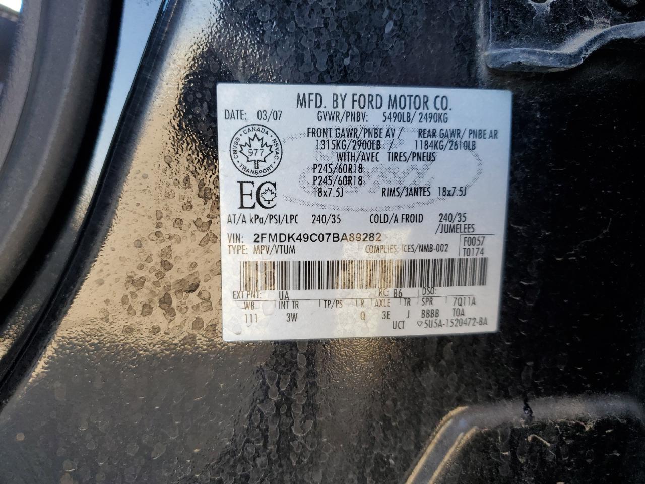 2007 Ford Edge Sel Plus VIN: 2FMDK49C07BA89282 Lot: 51920375