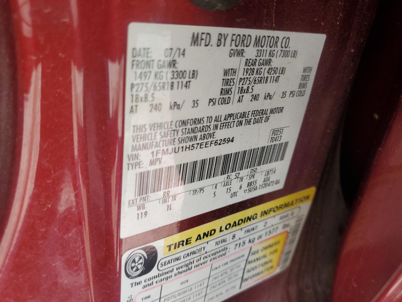 2014 Ford Expedition Xlt VIN: 1FMJU1H57EEF62594 Lot: 51994305