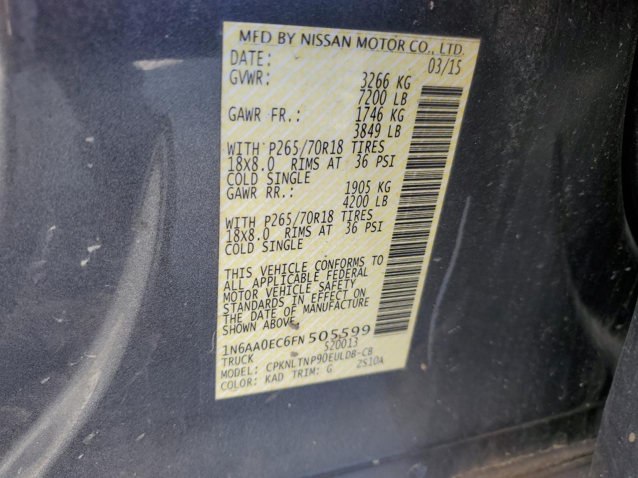2015 Nissan Titan S VIN: 1N6AA0EC6FN505599 Lot: 51737835