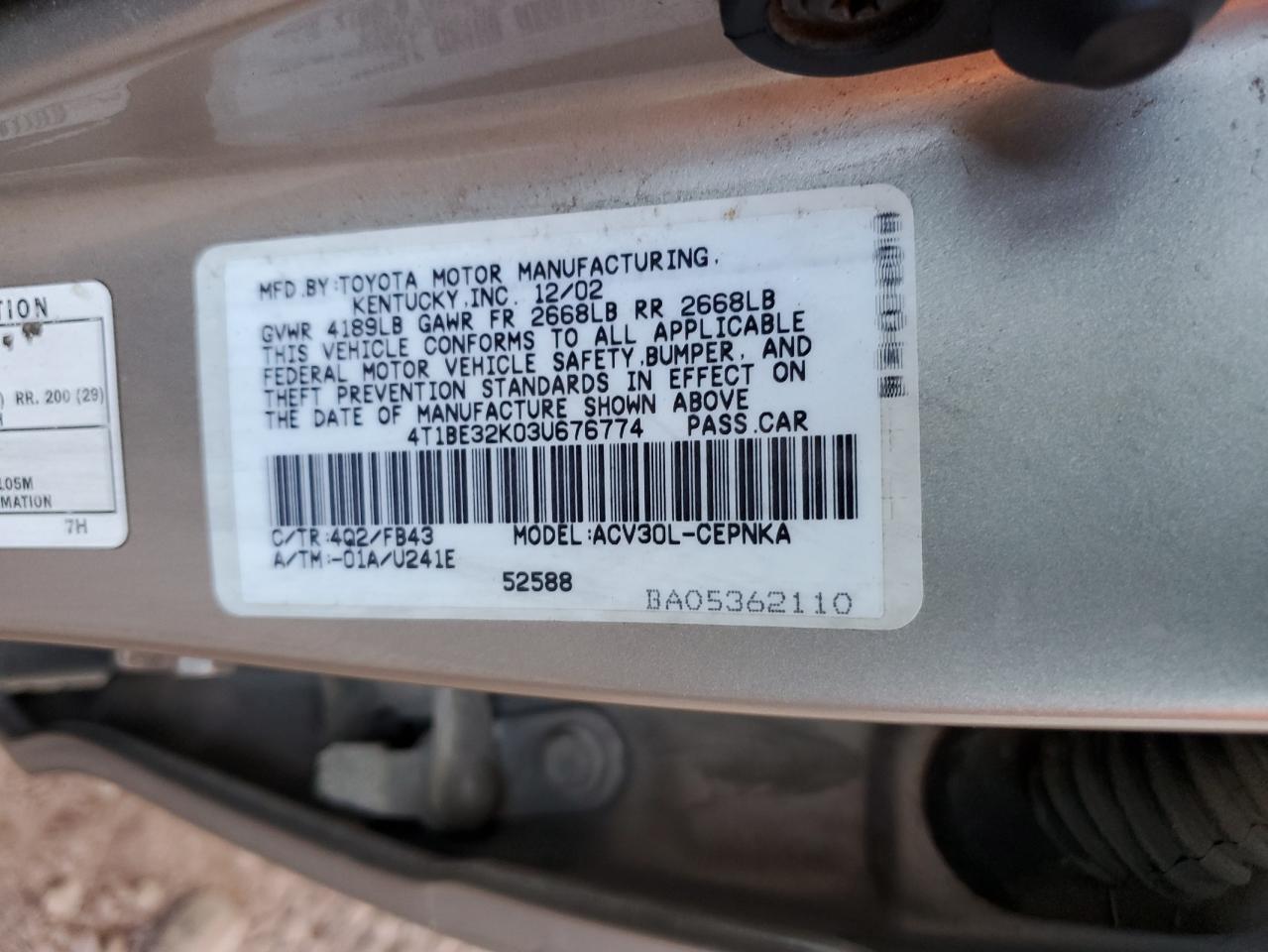2003 Toyota Camry Le VIN: 4T1BE32K03U676774 Lot: 51339845