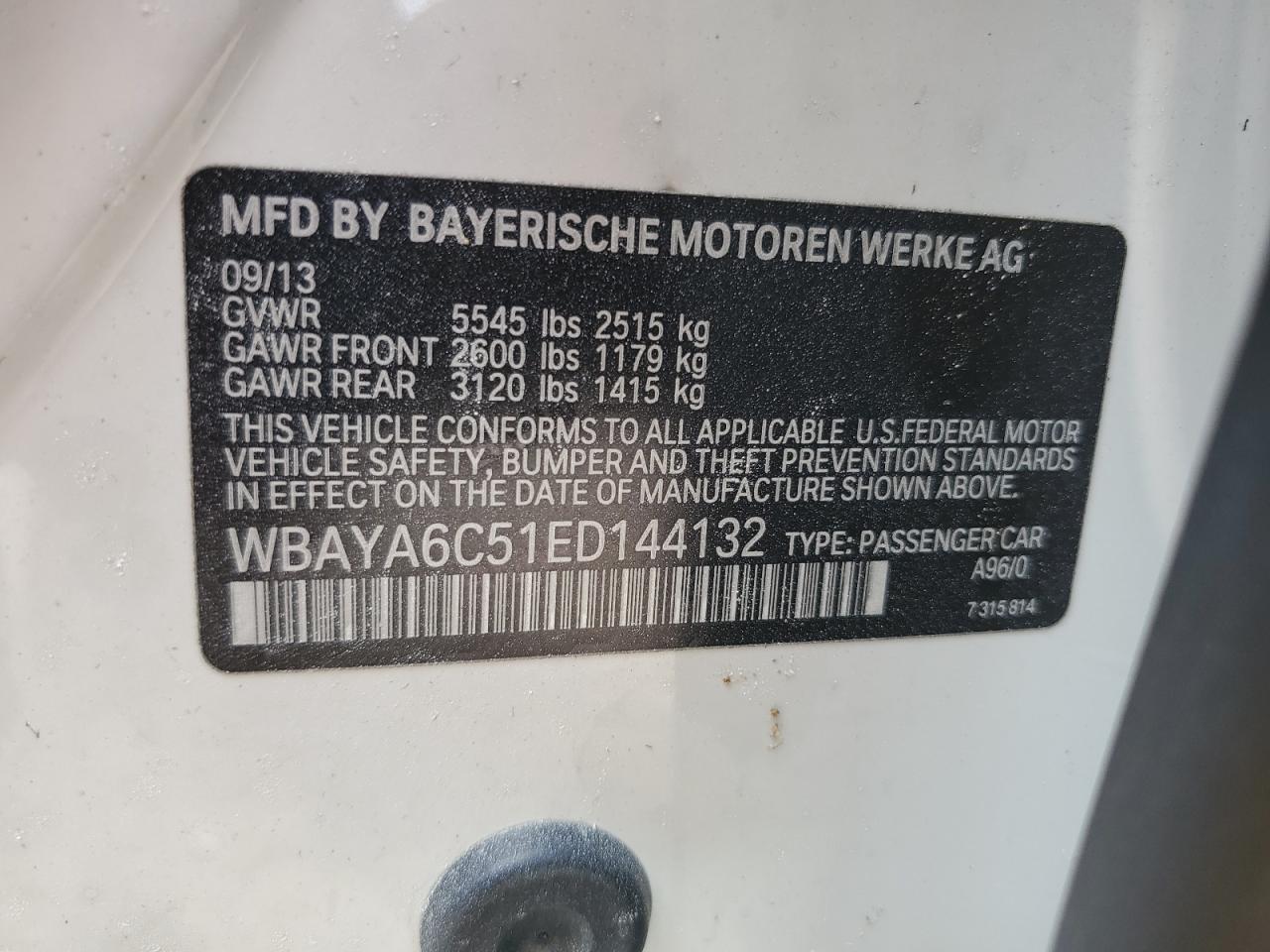 2014 BMW 740 I VIN: WBAYA6C51ED144132 Lot: 55131365