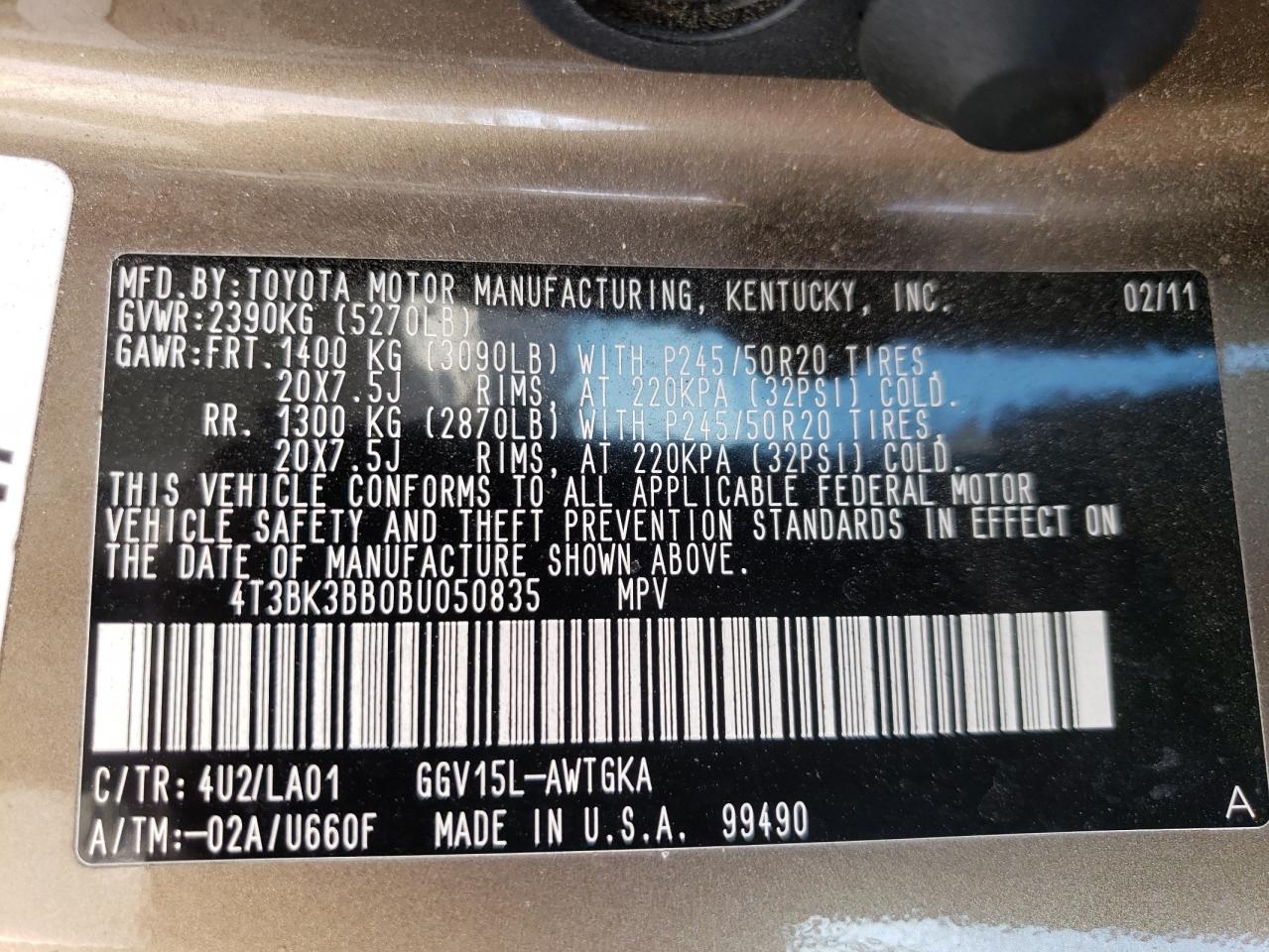 4T3BK3BB0BU050835 2011 Toyota Venza