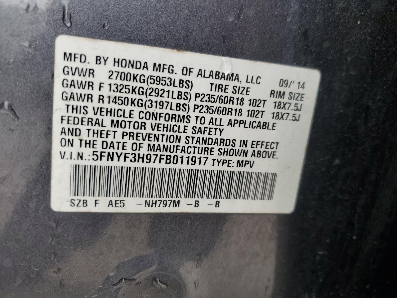 2015 Honda Pilot Touring VIN: 5FNYF3H97FB011917 Lot: 54188775