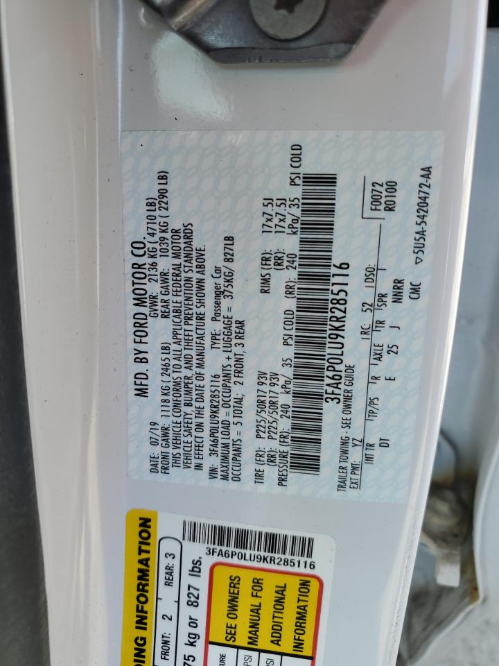 2019 Ford Fusion Se VIN: 3FA6P0LU9KR285116 Lot: 54038385