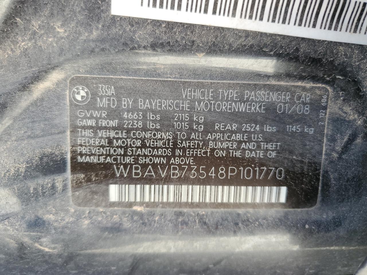 2008 BMW 335 I VIN: WBAVB73548P1017 Lot: 53847045