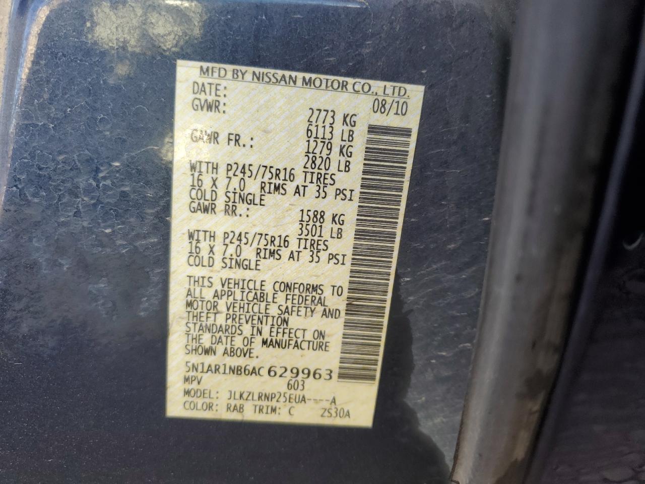 2010 Nissan Pathfinder S VIN: 5N1AR1NB6AC629963 Lot: 55097205