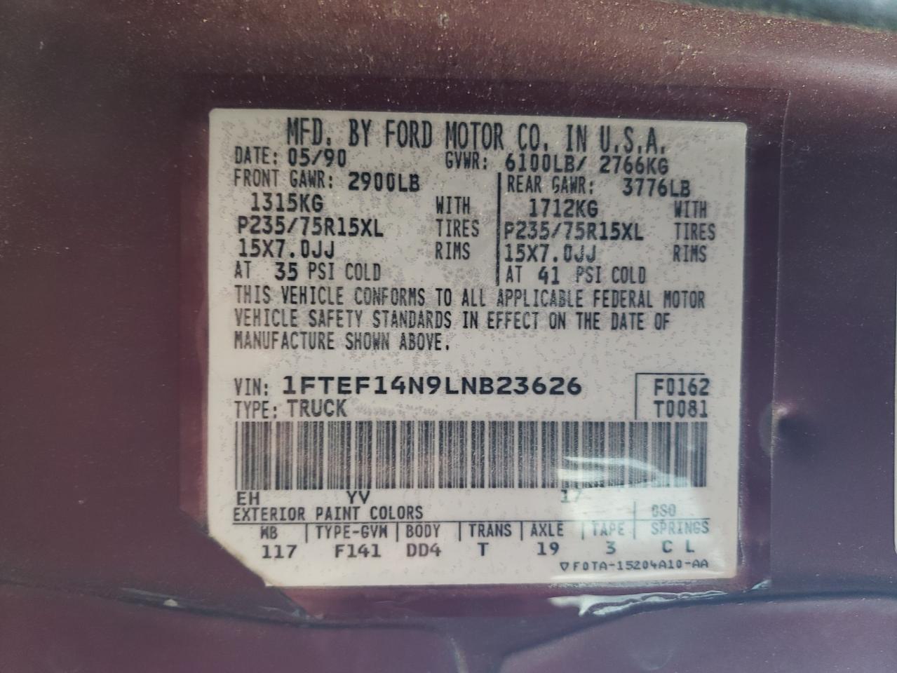1990 Ford F150 VIN: 1FTEF14N9LNB23626 Lot: 53718075